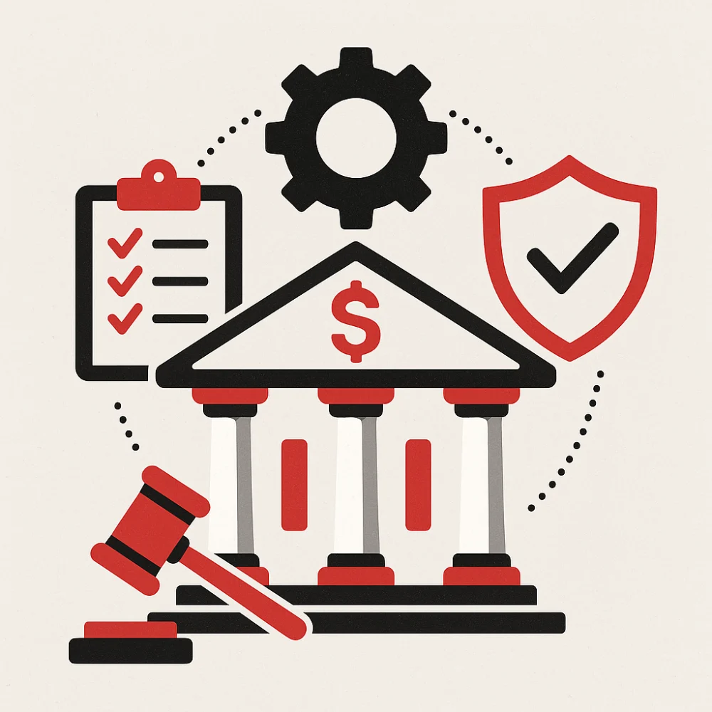 Illustration of a bank building surrounded by compliance icons including a checklist, shield, gear, and gavel, representing AML/KYC best practices for financial institutions