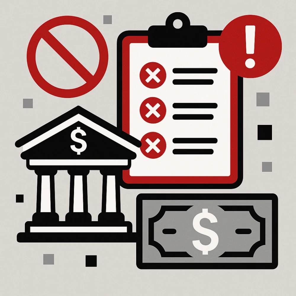 Graphic showing a bank, compliance checklist with red X marks, and a prohibited symbol, illustrating AML and KYC compliance failures and common challenges for banks