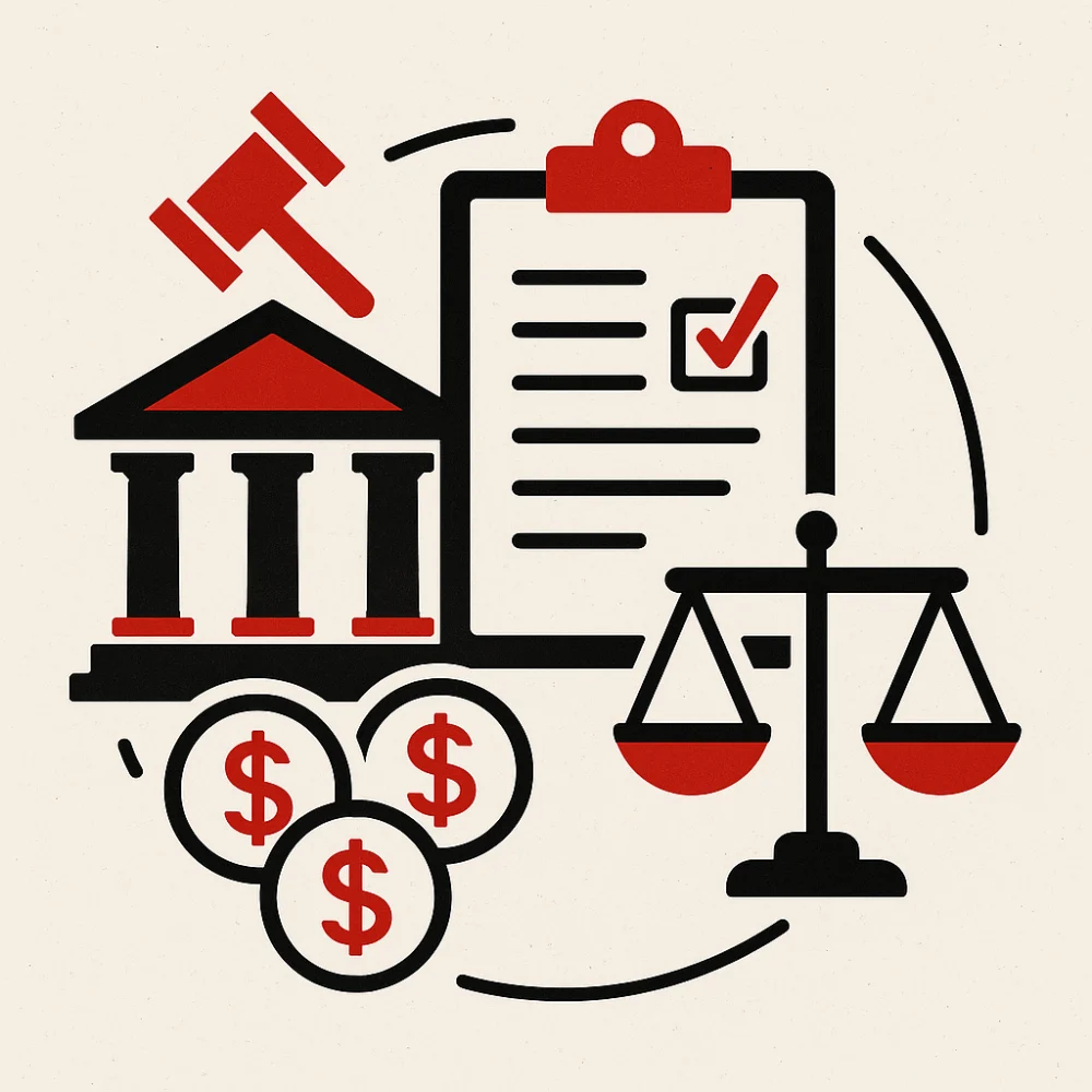 Illustration of financial compliance showing a courthouse, checklist, money symbols, and legal scales, representing KYC and AML regulations