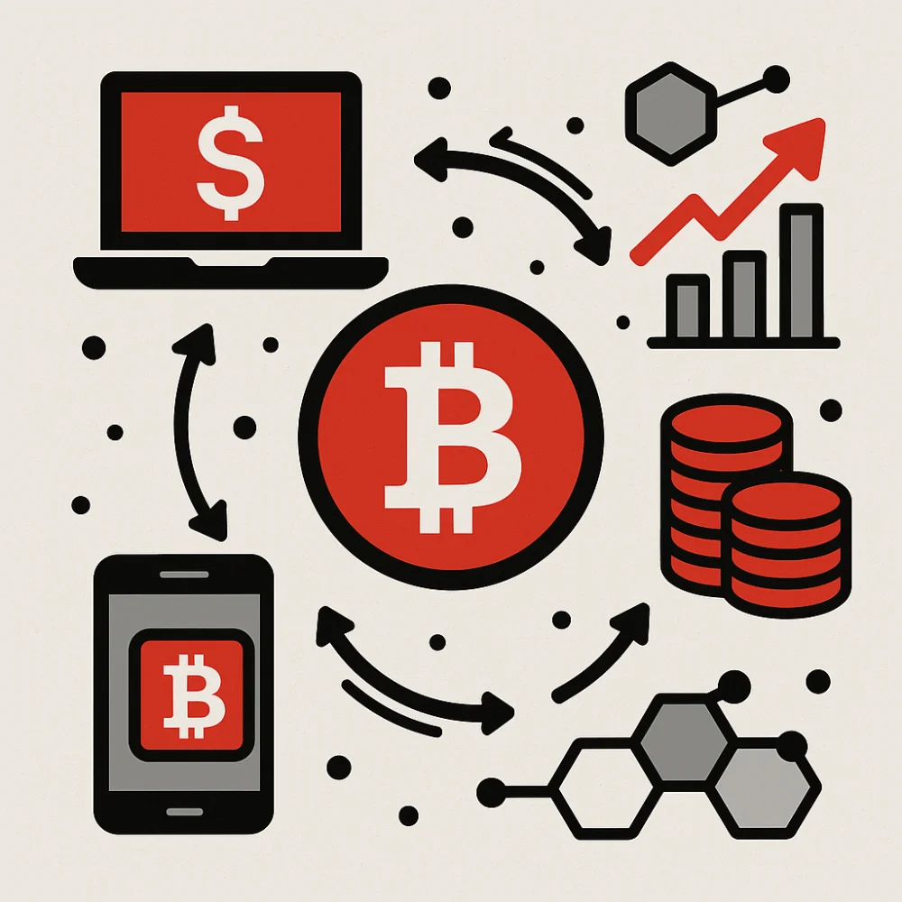 Graphic depicting cryptocurrency transactions with Bitcoin, digital wallets, and data flow arrows, symbolizing KYC requirements in crypto exchanges