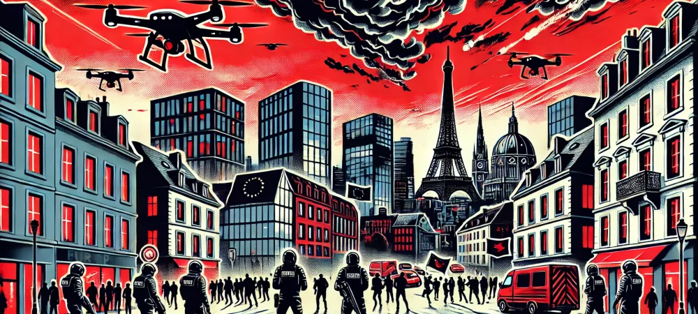 DALL·E 2024-07-23 10.37.35 - A scene of an emerging threat in Europe in the style of pop art with a focus on black and red colors. The image features a dark, ominous sky over a Eu