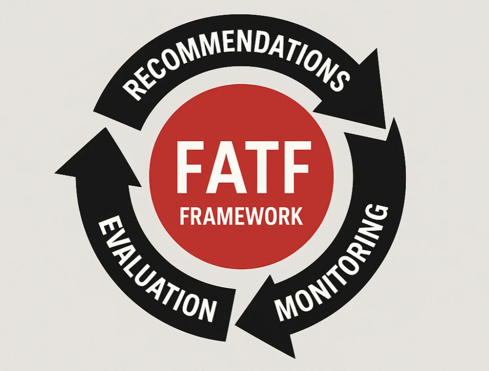 Graphic depicting the FATF framework with arrows representing recommendations, monitoring, and evaluation as part of global AML/KYC compliance