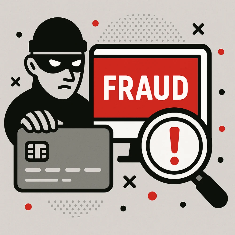 Illustration of a masked fraudster holding a credit card in front of a computer screen labeled "FRAUD," with a magnifying glass and exclamation mark, depicting fraud detection and identity-based threat investigation