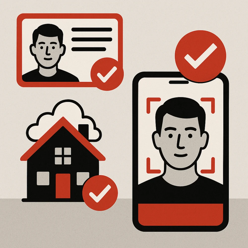 Illustration showing ID verification steps (photo ID, selfie verification, and proof of residence) symbolizing KYC identity validation for crypto users