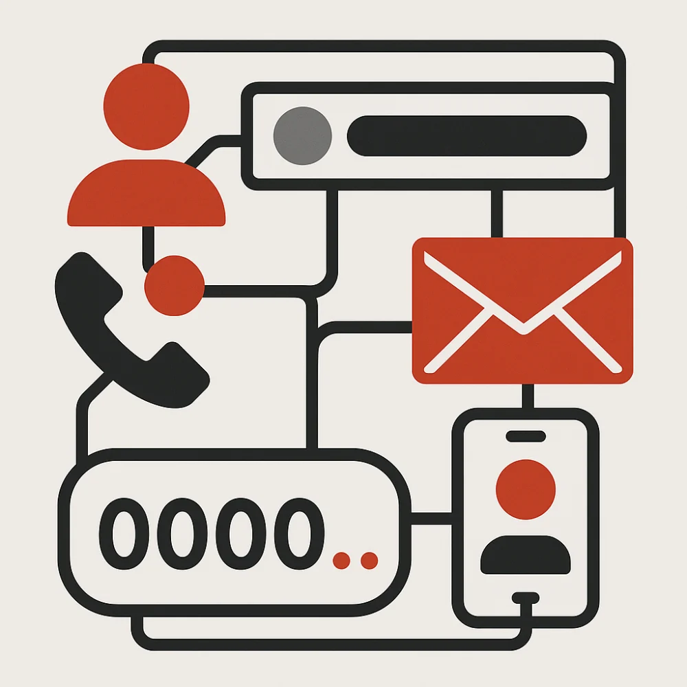 Illustration of interconnected identifiers including phone, email, username, and account numbers, representing how identity intelligence correlates fragmented digital signals