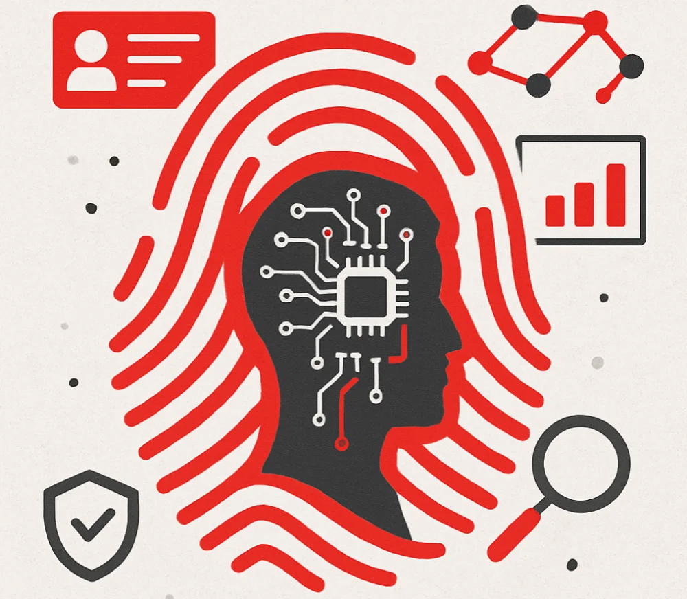 Illustration of a human profile with circuit patterns inside a fingerprint, surrounded by data and security icons, showcasing how identity intelligence links behavioral and digital identifiers to real-world identities