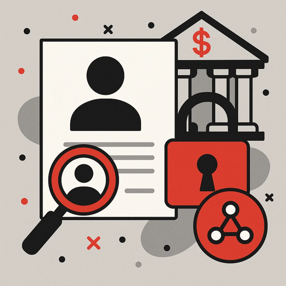 Illustration showing KYC verification, a magnifying glass over a user profile, a secure lock, and a bank icon, depicting the importance of KYC for crypto compliance and security