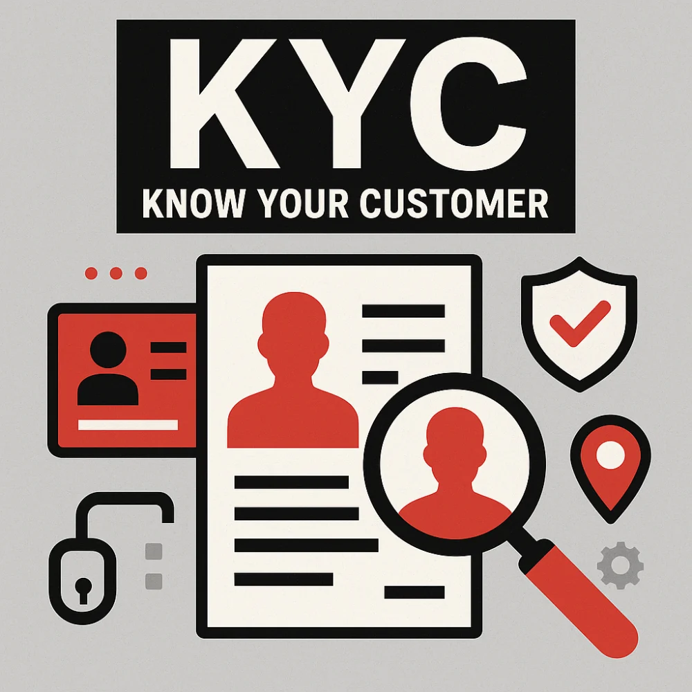 Illustrated KYC concept featuring customer identity documents and security symbols representing verification and compliance checks