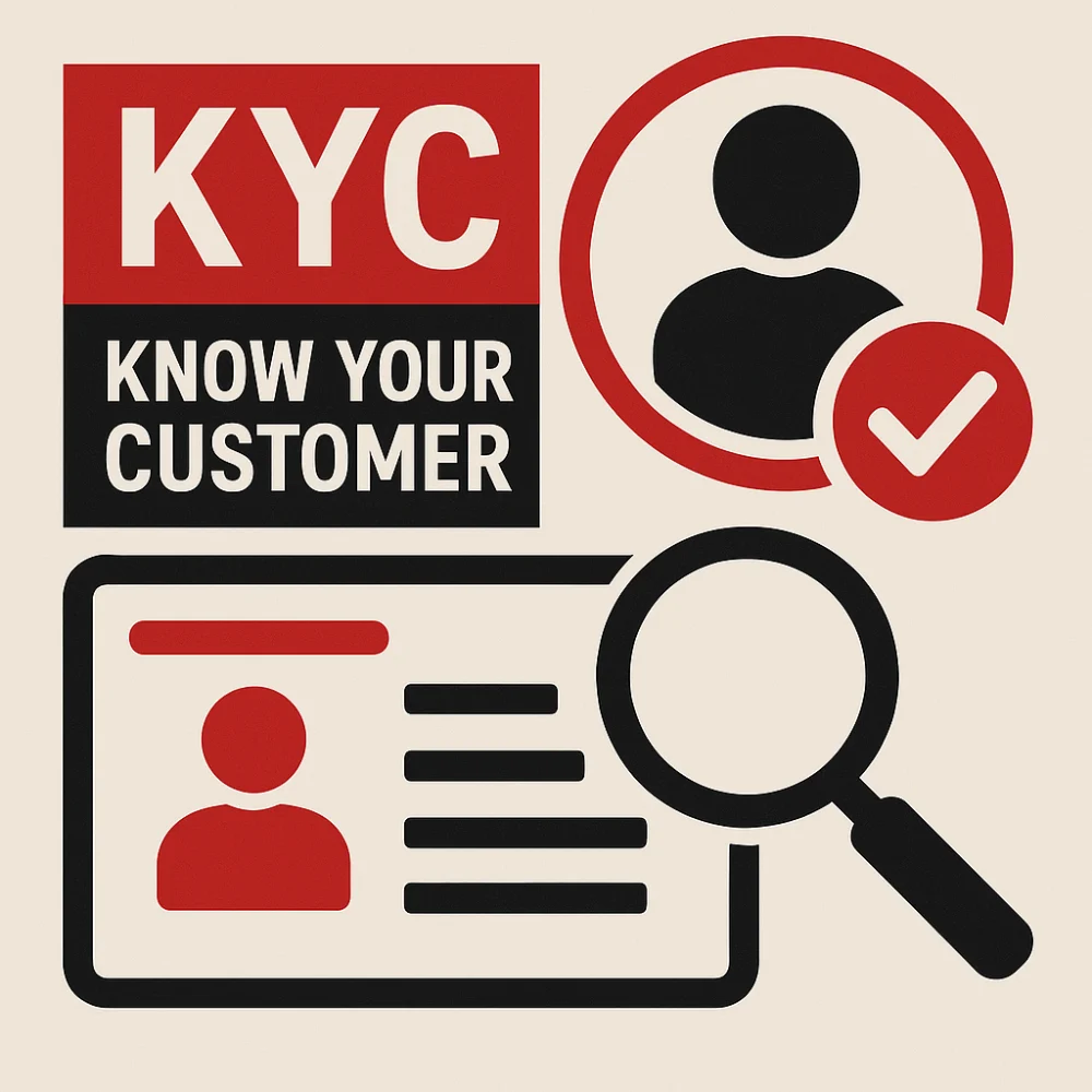Illustration featuring “Know Your Customer” text, ID card, profile icon, and magnifying glass, representing KYC identity verification