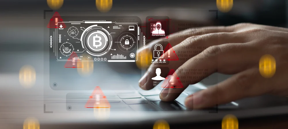A person typing on a laptop with digital Bitcoin and security warning symbols, illustrating crypto KYC challenges like fraud, ransomware, and regulatory risk