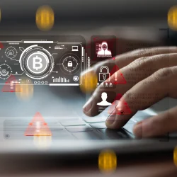 A person typing on a laptop with digital Bitcoin and security warning symbols, illustrating crypto KYC challenges like fraud, ransomware, and regulatory risk
