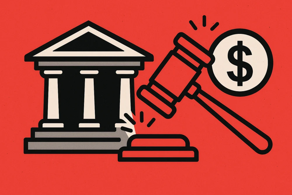 Illustration of a courthouse building and a judge’s gavel striking with a dollar sign, symbolizing financial penalties and regulatory enforcement for AML/KYC violations