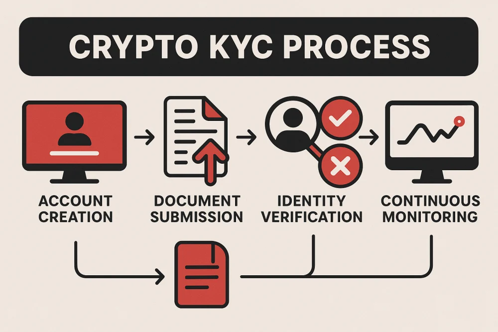 Infographic showing the crypto KYC process, including account creation, document submission, identity verification, and continuous monitoring