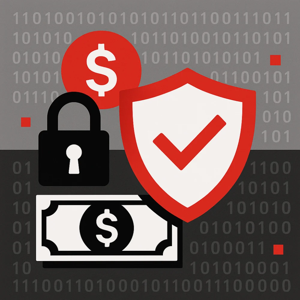 Illustration of cybersecurity with a lock, shield, dollar sign, and binary code, representing secure financial data protection in KYC compliance