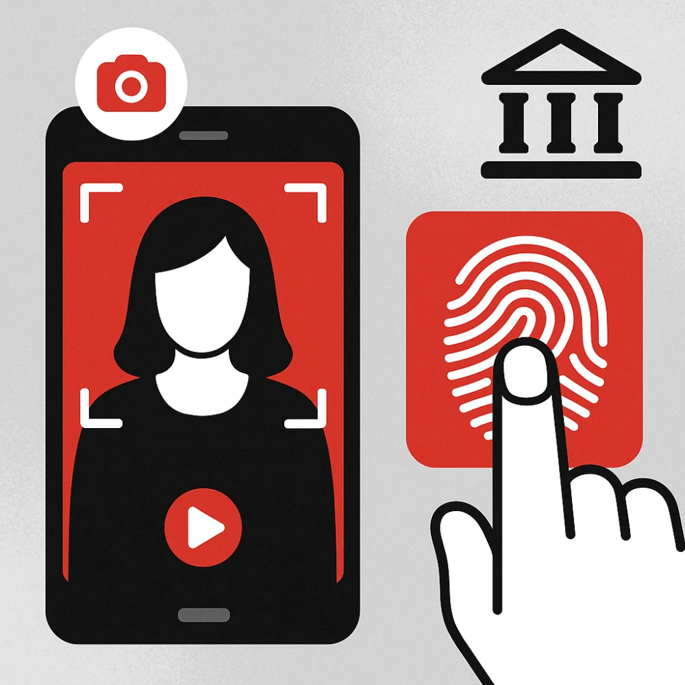 Illustration of digital identity verification showing a mobile facial scan, fingerprint authentication, and a bank icon, highlighting biometric technology in AML/KYC compliance
