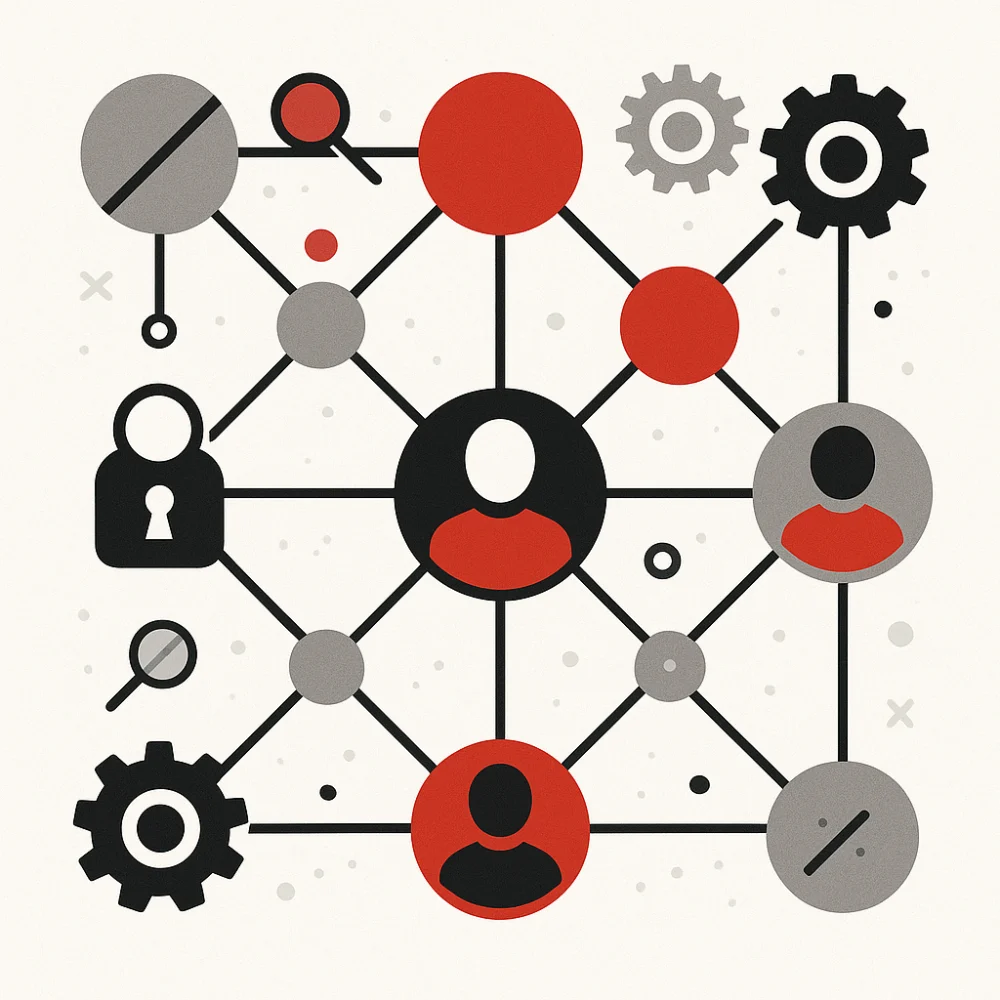 Illustration of a network of connected user icons, locks, gears, and magnifying glass, symbolizing identity intelligence tools that map relationships, associations, and digital footprints