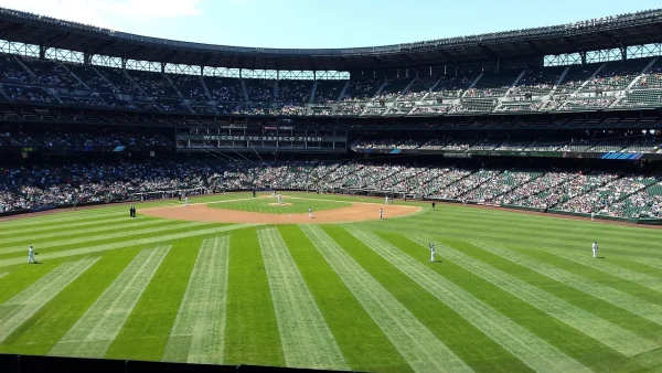 A packed baseball stadium with players on the field, illustrating how large crowds require OSINT-enabled security to monitor online threats before and during events