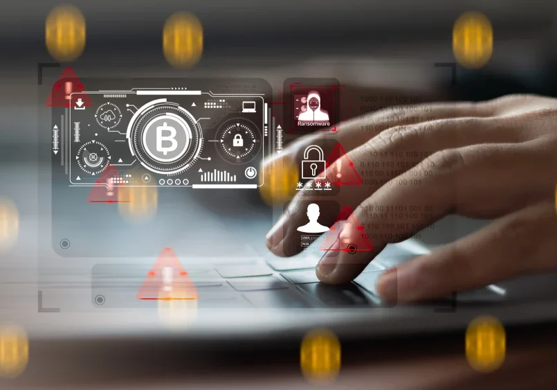 A person typing on a laptop with digital Bitcoin and security warning symbols, illustrating crypto KYC challenges like fraud, ransomware, and regulatory risk