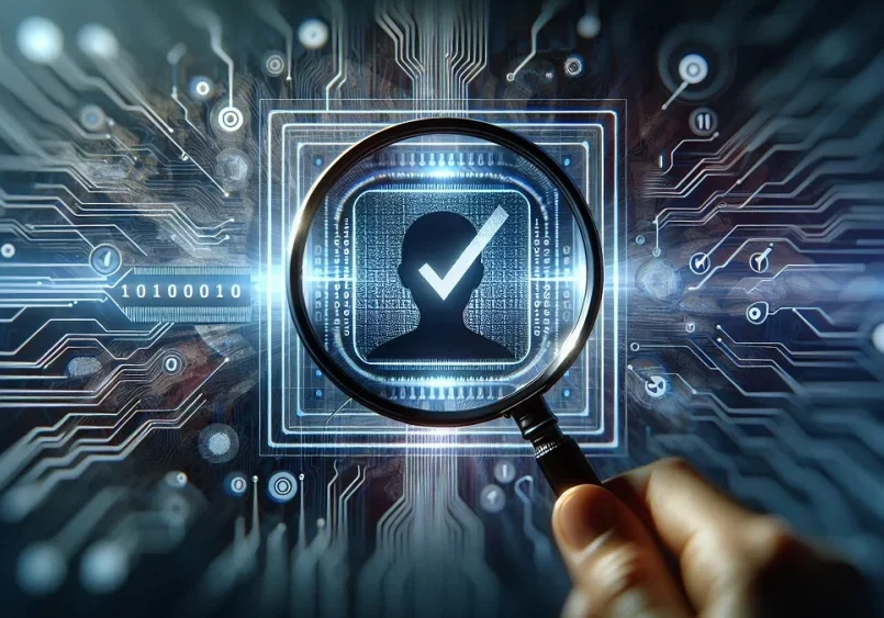 A magnifying glass hovering over a digital profile checkmark symbolizing continuous KYC monitoring and identity risk verification