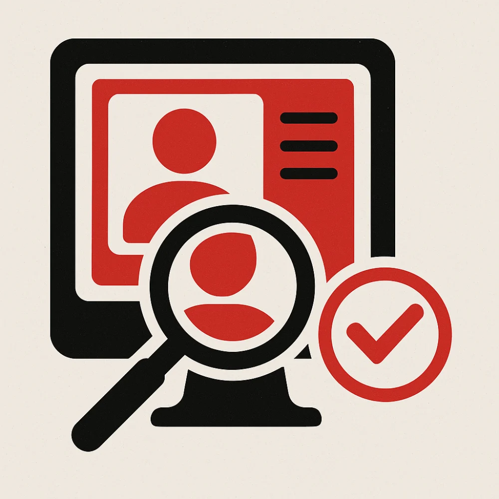 Illustration of a KYC identity verification process showing a computer screen and magnifying glass examining a user profile, with a checkmark indicating successful verification