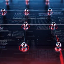 Futuristic digital grid with glowing nodes and red laser-like connections, representing a high-tech network or quantum computing system
