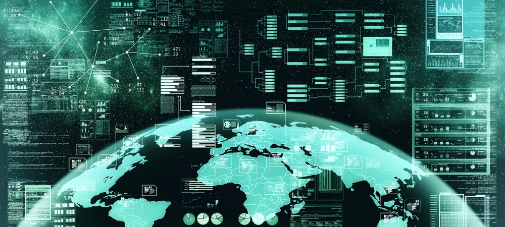 Abstract visualization of global data connections and code overlay, symbolizing how OSINT tools integrate diverse digital sources to map relationships between identities, domains, and networks