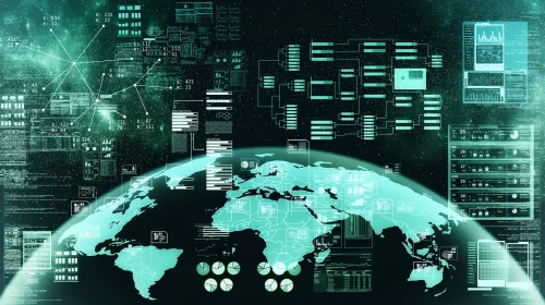 Abstract visualization of global data connections and code overlay, symbolizing how OSINT tools integrate diverse digital sources to map relationships between identities, domains, and networks