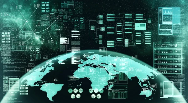 Abstract visualization of global data connections and code overlay, symbolizing how OSINT tools integrate diverse digital sources to map relationships between identities, domains, and networks