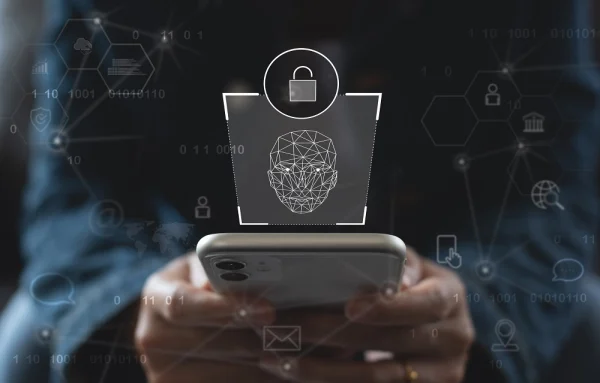 Person holding a smartphone with a digital lock and facial recognition overlay, representing identity verification and biometric authentication in identity intelligence.