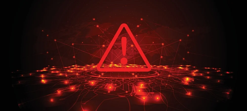 shutterstock_2072121020 Red digital warning symbol over a glowing network map, representing cybersecurity threats and the importance of threat intelligence tools in identifying and mitigating risks
