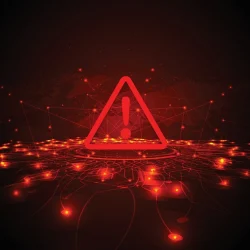 Red digital warning symbol over a glowing network map, representing cybersecurity threats and the importance of threat intelligence tools in identifying and mitigating risks