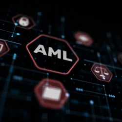 AML technology interface with red hexagon icons for risk and compliance monitoring, symbolizing anti-money laundering systems used by banks and financial institutions