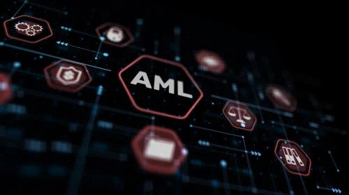 AML technology interface with red hexagon icons for risk and compliance monitoring, symbolizing anti-money laundering systems used by banks and financial institutions