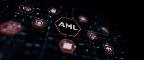 AML technology interface with red hexagon icons for risk and compliance monitoring, symbolizing anti-money laundering systems used by banks and financial institutions