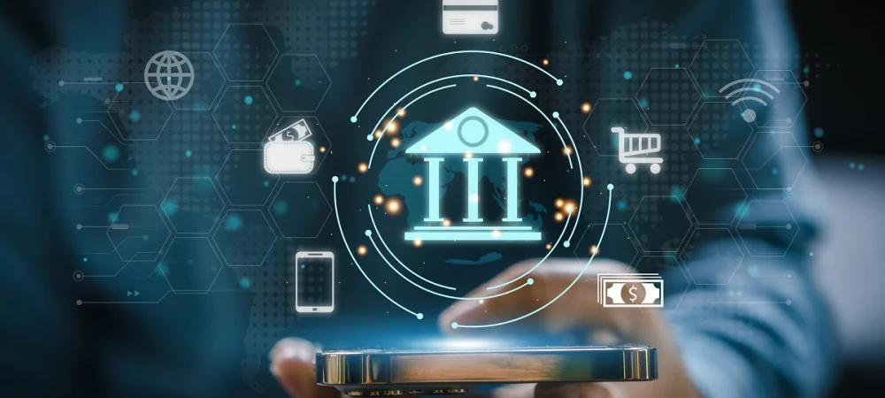 Hand holding a smartphone with holographic icons of a bank, currency, and digital finance elements, symbolizing mobile banking security