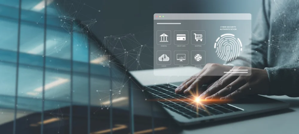 Person typing on a laptop with a digital cybersecurity interface overlay showing icons for banking and credit card authentication, representing KYC integration in financial systems