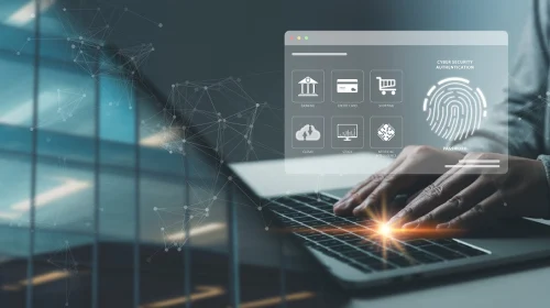 Person typing on a laptop with a digital cybersecurity interface overlay showing icons for banking and credit card authentication, representing KYC integration in financial systems