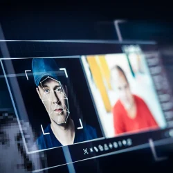 Digital interface showing a man’s face with facial recognition mapping lines, highlighting AI-based identity verification and fraud detection
