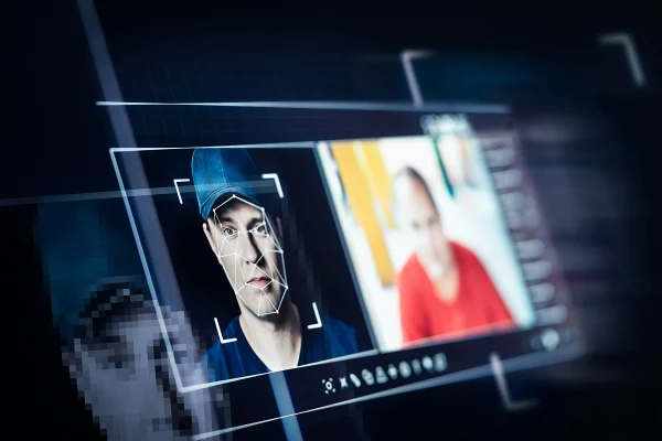Digital interface showing a man’s face with facial recognition mapping lines, highlighting AI-based identity verification and fraud detection