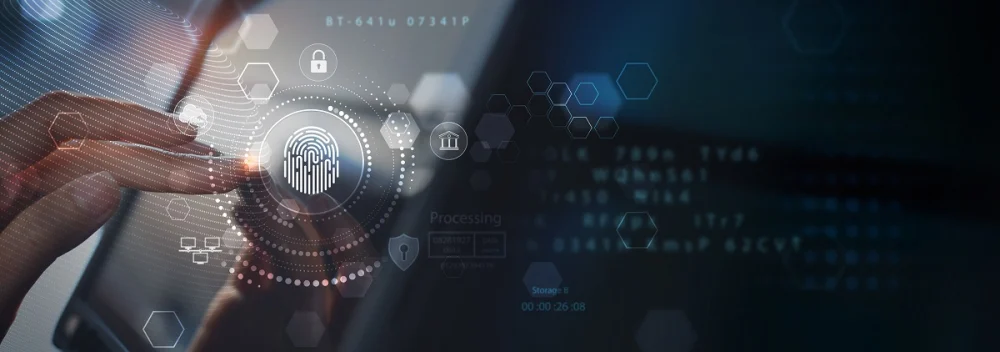 Finger pressing a biometric fingerprint scanner on a touchscreen device, surrounded by icons representing secure access and banking authentication