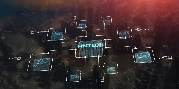 Fintech network diagram with interconnected icons illustrating risk-based KYC verification, customer risk profiling, and digital identity monitoring across financial platforms