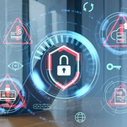 Concept image of corporate security risk assessment with a lock shield at the center and multiple digital threat icons surrounding it