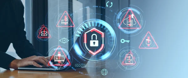 Concept image of corporate security risk assessment with a lock shield at the center and multiple digital threat icons surrounding it