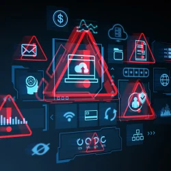 Threat intelligence platform concept showing digital alerts for cloud security, identity correlation, phishing, and external attack surface monitoring