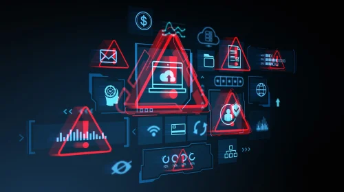 Threat intelligence platform concept showing digital alerts for cloud security, identity correlation, phishing, and external attack surface monitoring