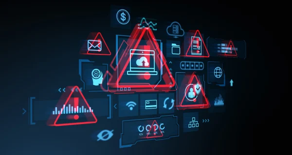 Threat intelligence platform concept showing digital alerts for cloud security, identity correlation, phishing, and external attack surface monitoring