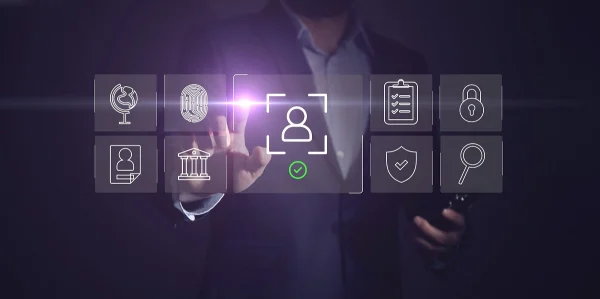 Person selecting a digital identity icon surrounded by KYC and compliance symbols, illustrating customer verification steps