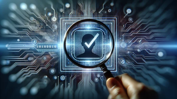 A magnifying glass hovering over a digital profile checkmark symbolizing continuous KYC monitoring and identity risk verification