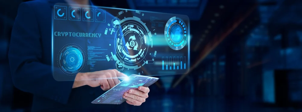 Businessperson using a digital tablet with a holographic cryptocurrency interface, representing advanced KYC technology and blockchain-based verification
