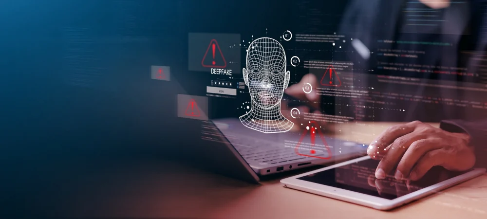 Cybersecurity concept showing a person using a laptop and tablet with a digital wireframe face, warning icons, and deepfake alerts symbolizing AI-driven fraud detection tools
